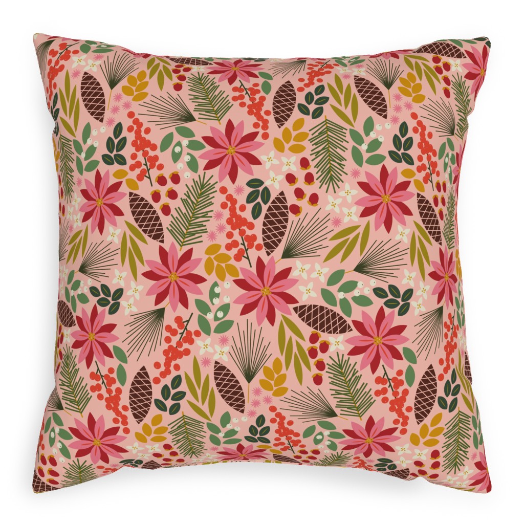 Pinecones and Berries - Pink Pillow, Woven, White, 20x20, Double Sided, Pink, Bright Pink