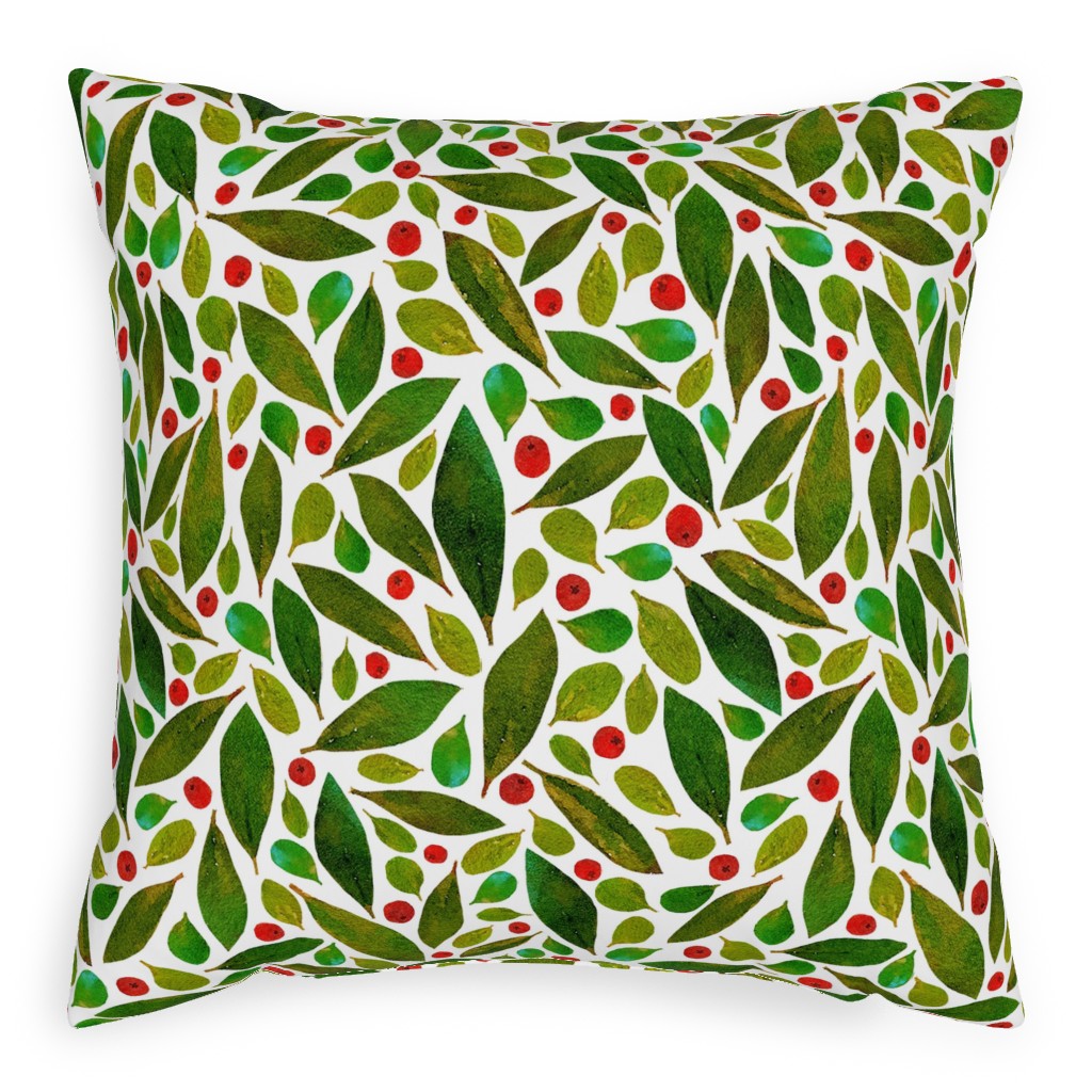 Holiday Greens and Berries Pillow, Woven, White, 20x20, Double Sided, Green