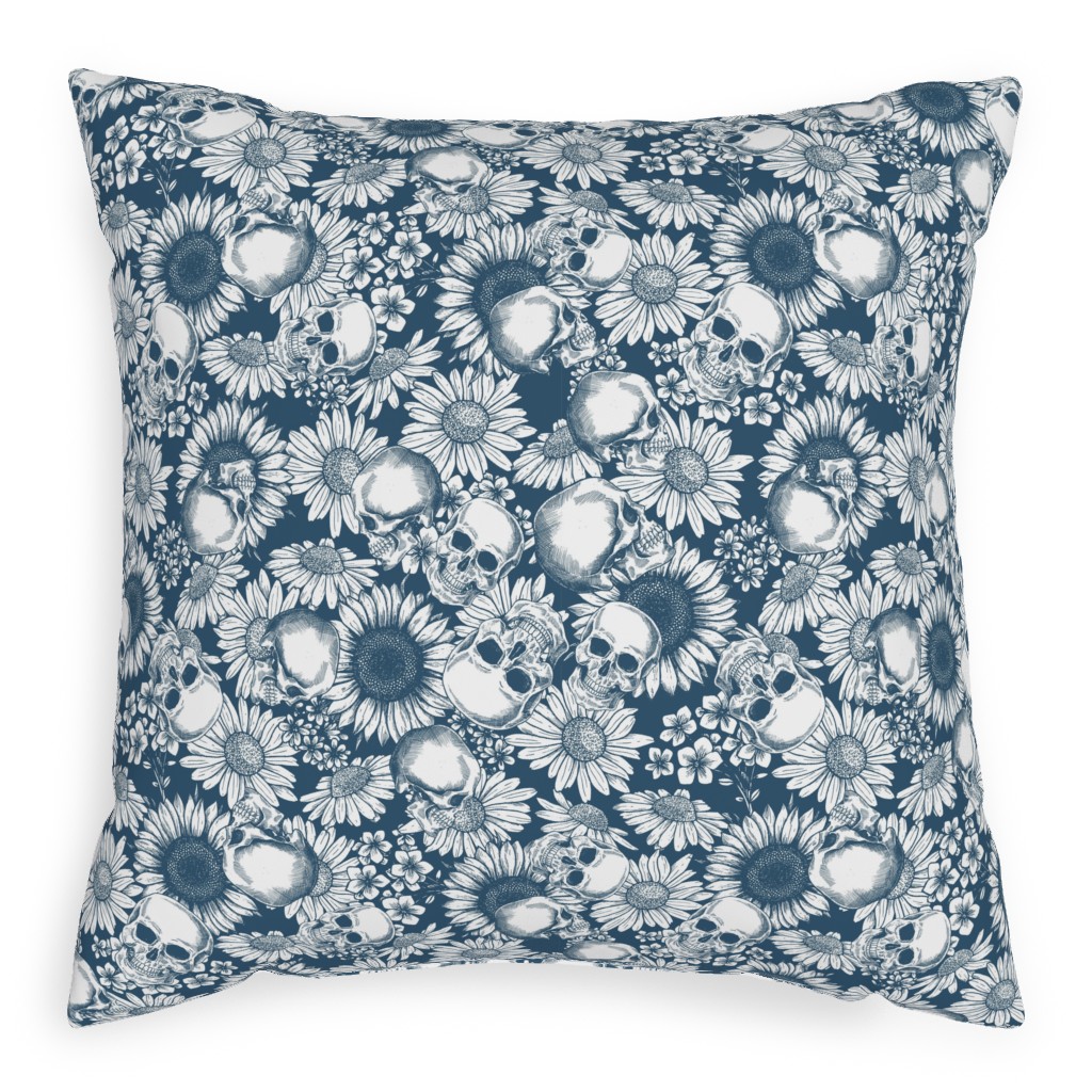 Floral Skull - Blue Pillow, Woven, White, 20x20, Double Sided, Blue, True Blue