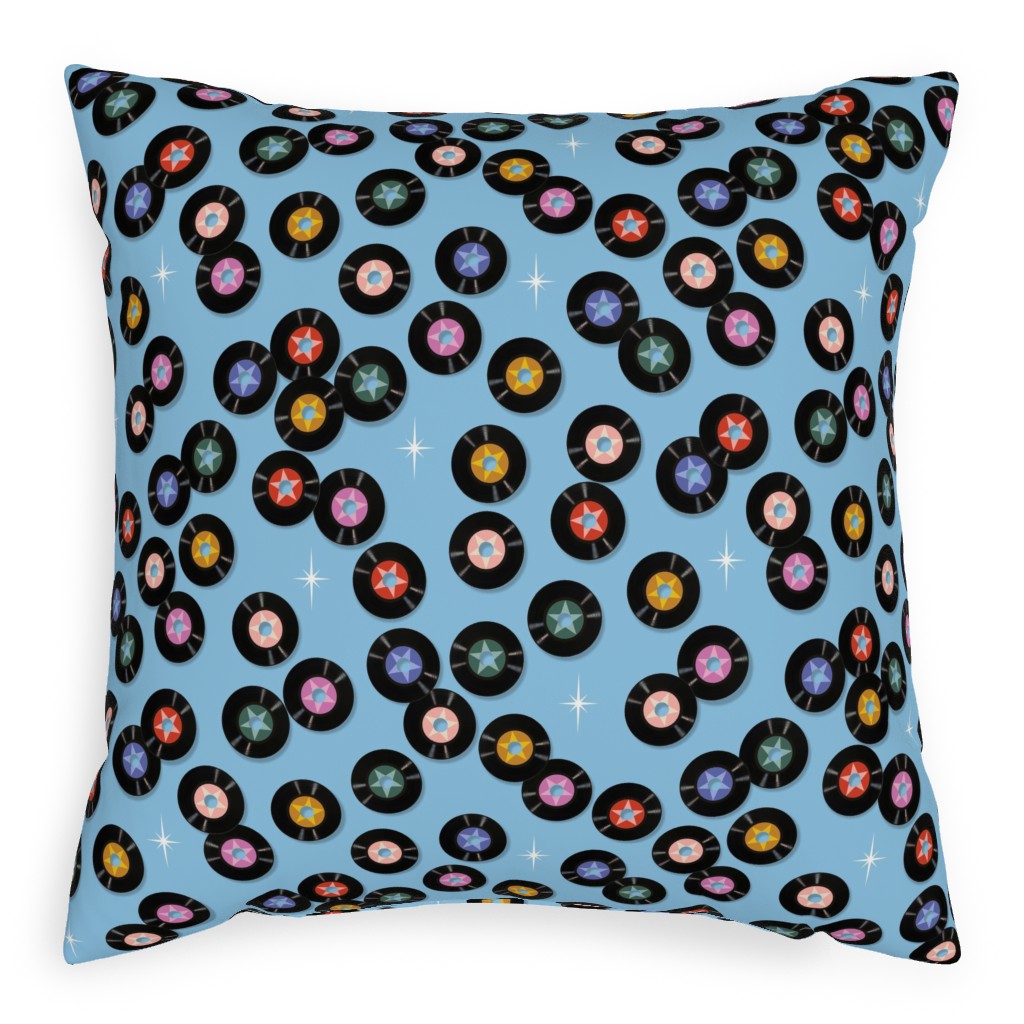 Pop Star Vintage Vinyl Records Pillow, Woven, White, 20x20, Double Sided, Blue, Waterfall