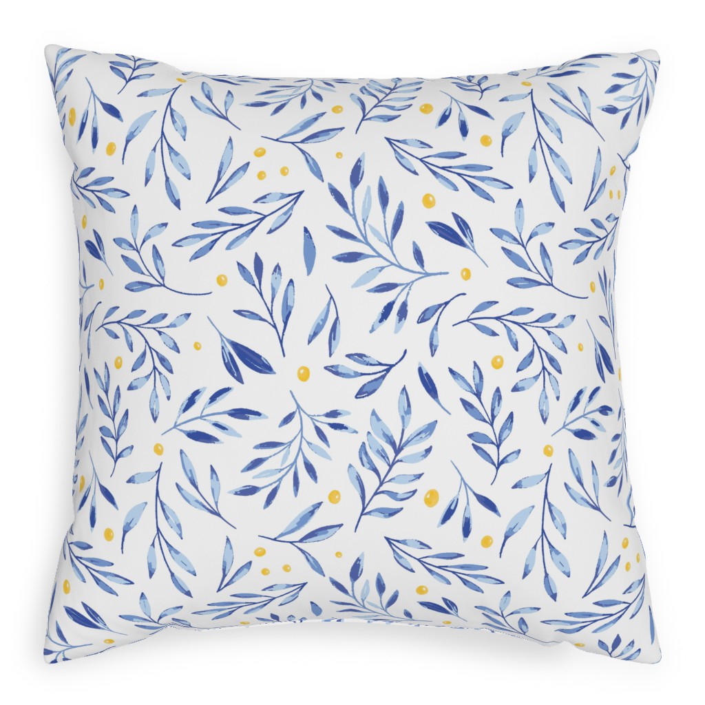 Blue Leaves With Berries Pillow, Woven, White, 20x20, Double Sided, Blue