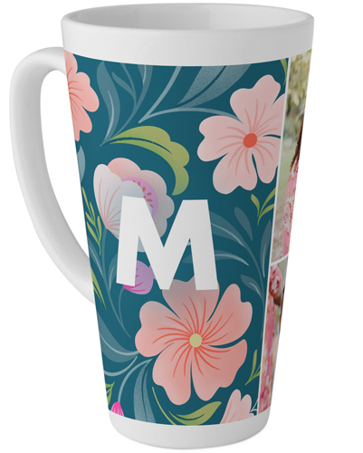 Vibrant Floral Monogram Trio Tall Latte Mug, 17oz, Blue, azure