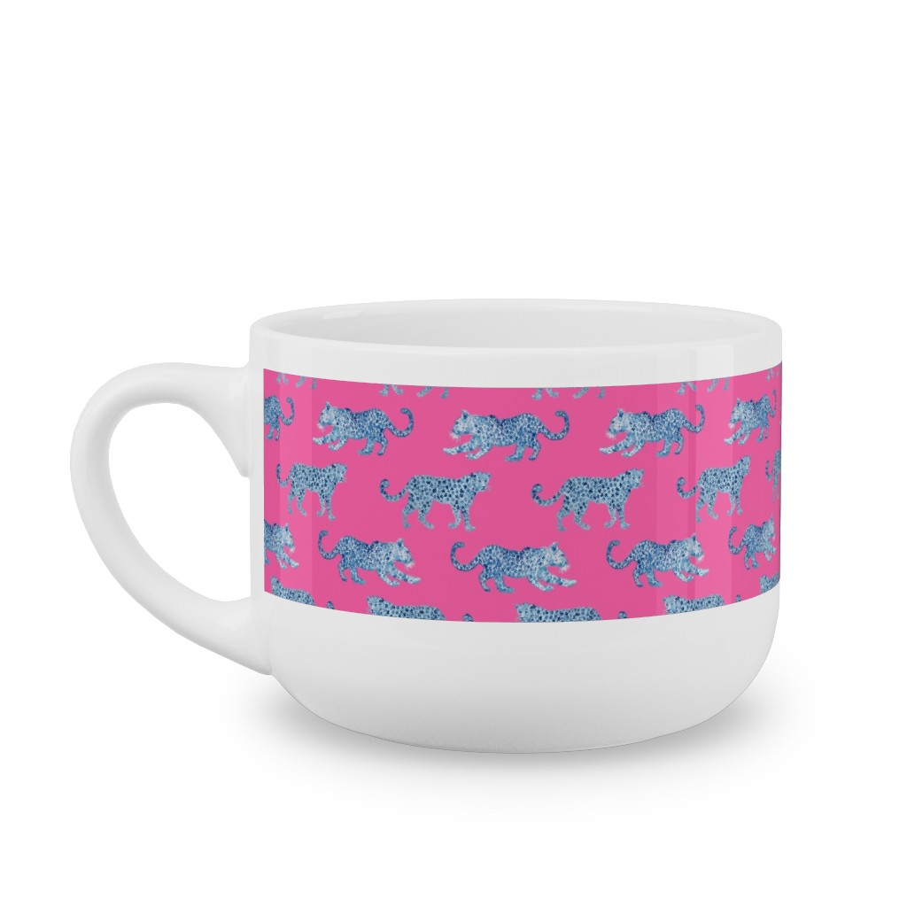 Tiny Leopard Parade - Blue on Hot Pink Latte Mug, White, , 25oz, Pink, Bright Pink