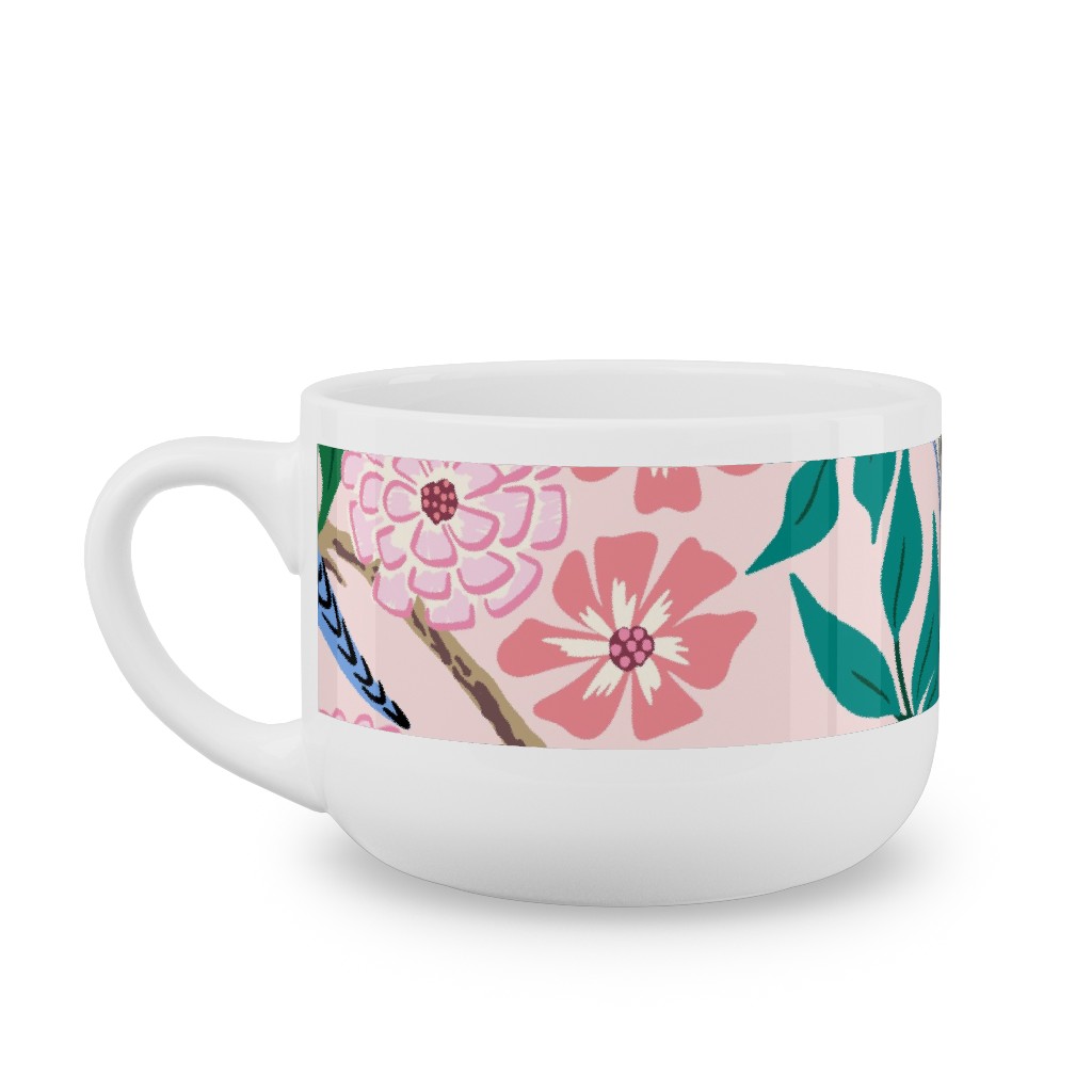 Budgies and Butterflies - Pink and Green Latte Mug, White,  , 25oz, Pink