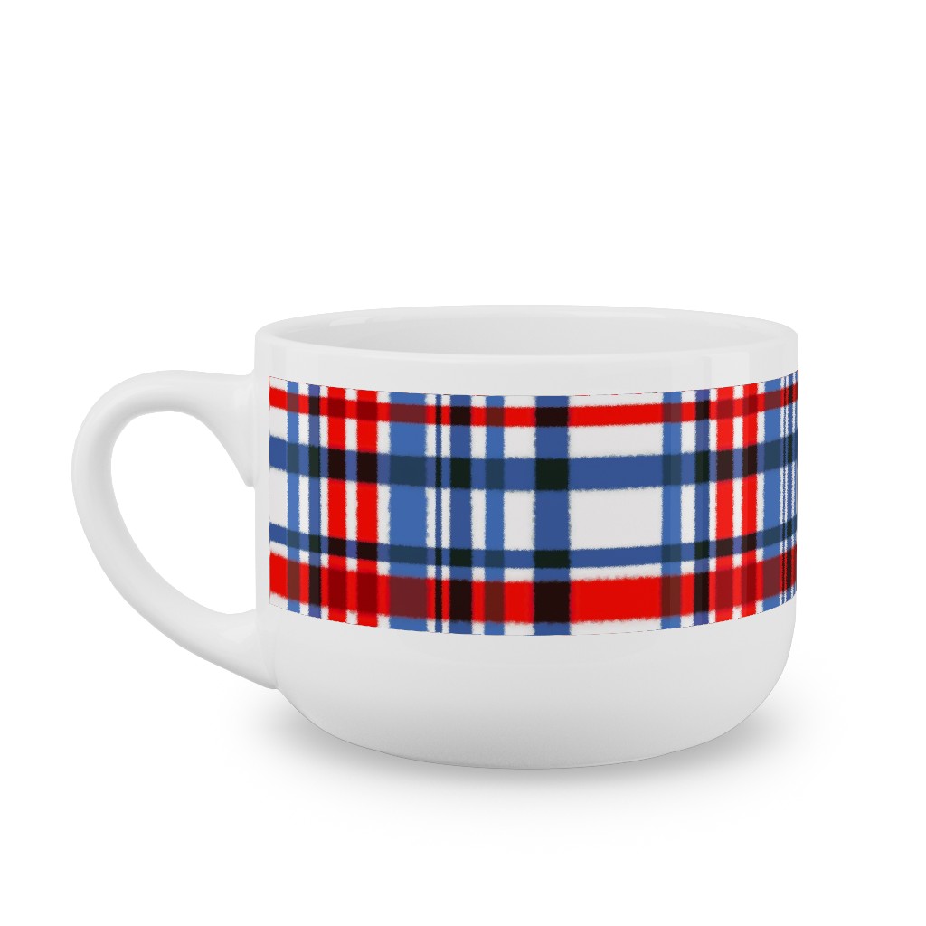 Intricate Plaid Latte Mug, White, , 25oz, Blue, Red