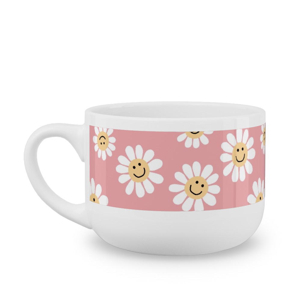 Smiley Daisy Flowers - Pink Latte Mug, White,  , 25oz, Pink