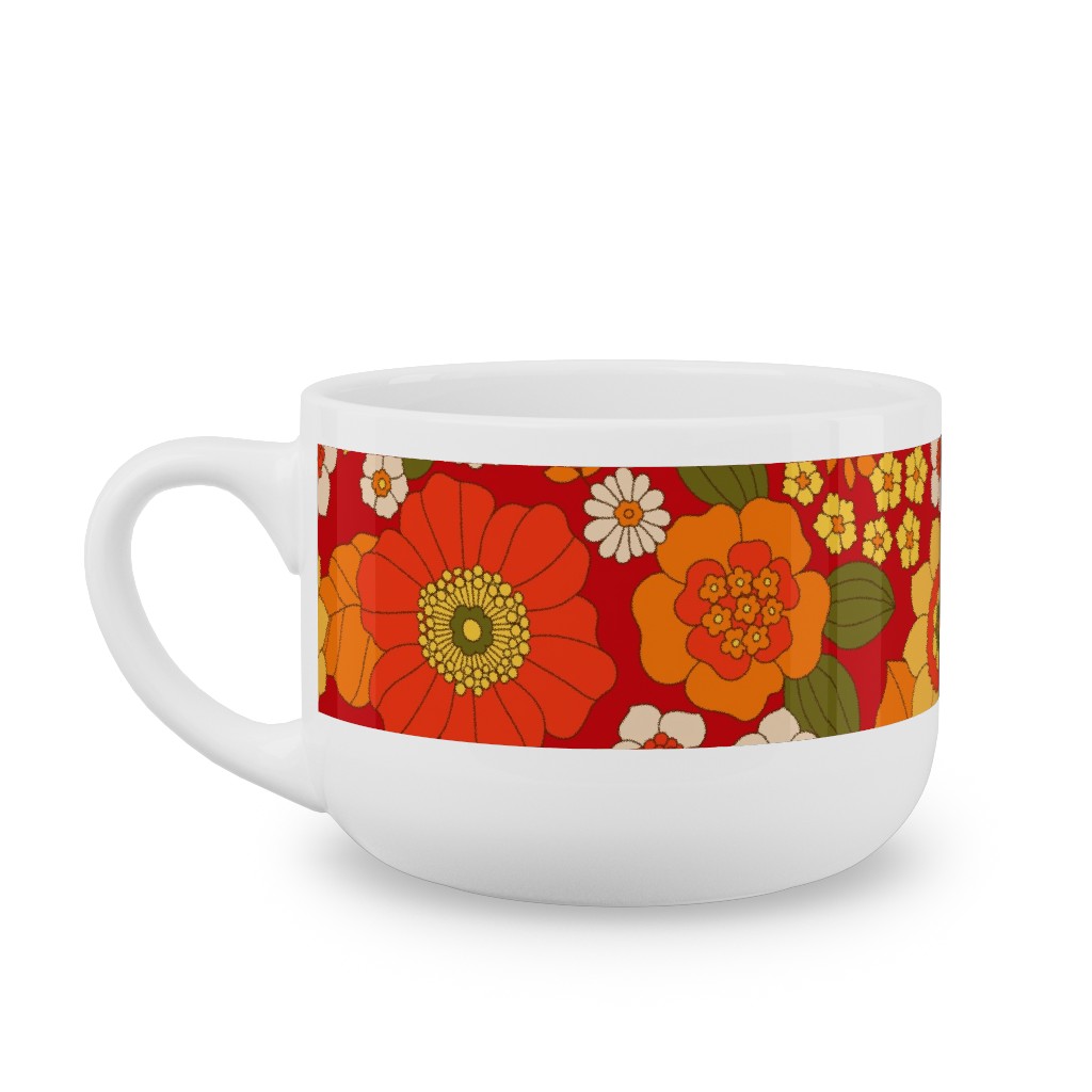 Vintage Flora - Red Latte Mug, White,  , 25oz, Orange