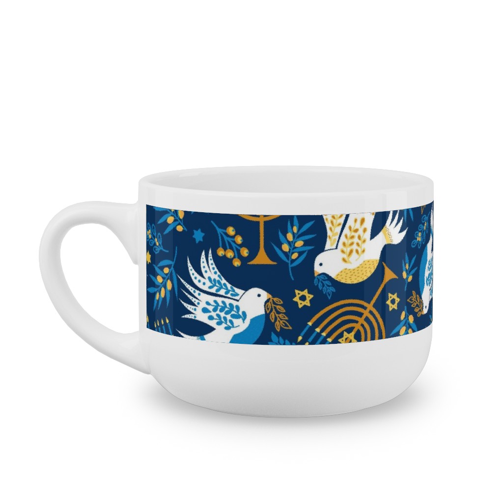 Hanukkah Birds and Menorahs - Dark Blue Latte Mug, White,  , 25oz, Blue
