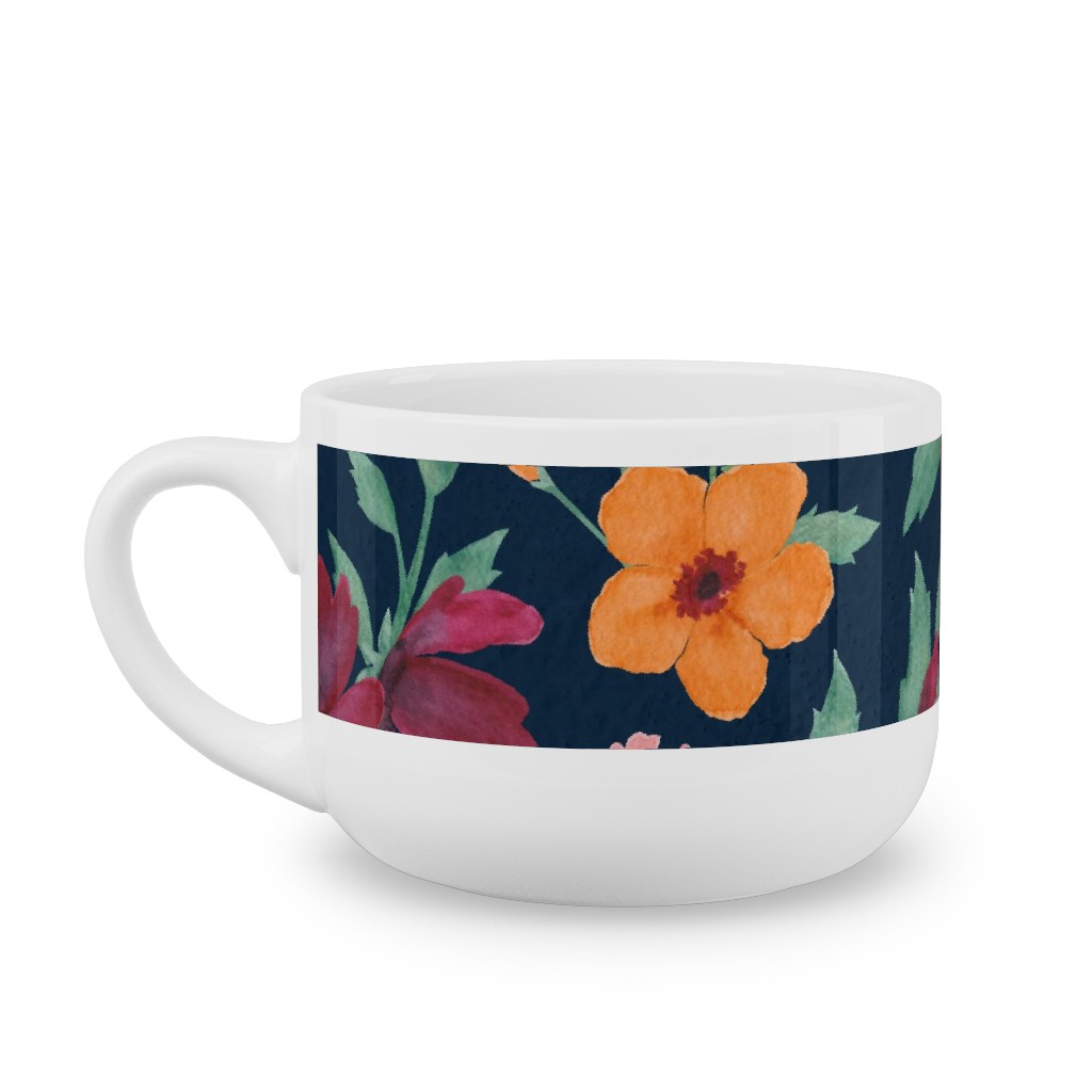 Watercolor Autumn Florals - Navy Latte Mug, White,  , 25oz, Multicolor