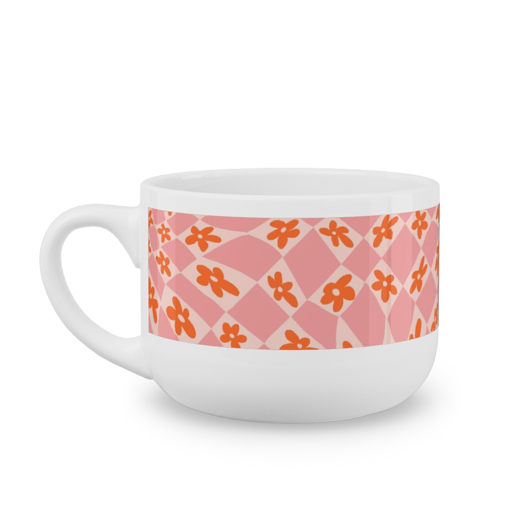 Trippy Checker - Floral - Pink and Orange Latte Mug, White,  , 25oz, Pink