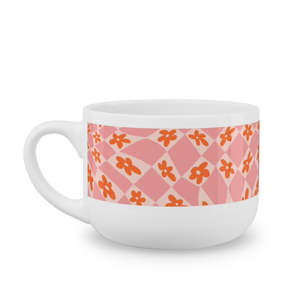 Trippy Checker - Floral - Pink and Orange Latte Mug, White, , 25oz, Pink, Bright Pink