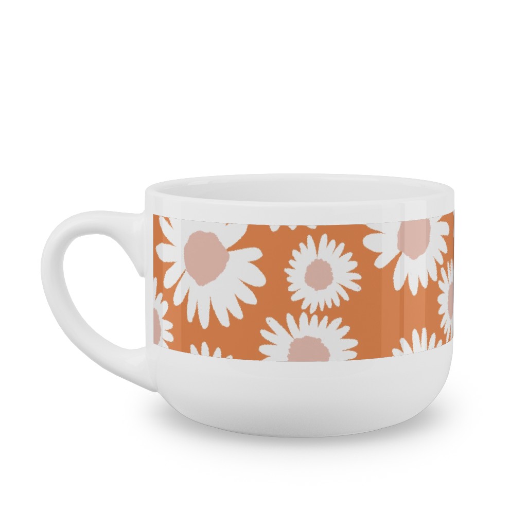 Boho Daisies - Flowers - Muted Orange and Blush Latte Mug, White,  , 25oz, Orange