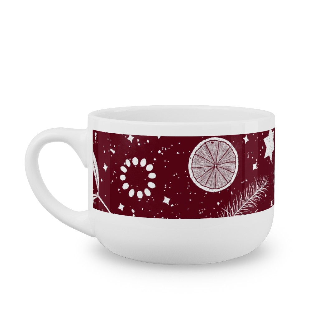 Festive Christmas Print Stars, Mistletoe, Orange, Holly and Pine Branch on Burgundy Latte Mug, White,  , 25oz, Red