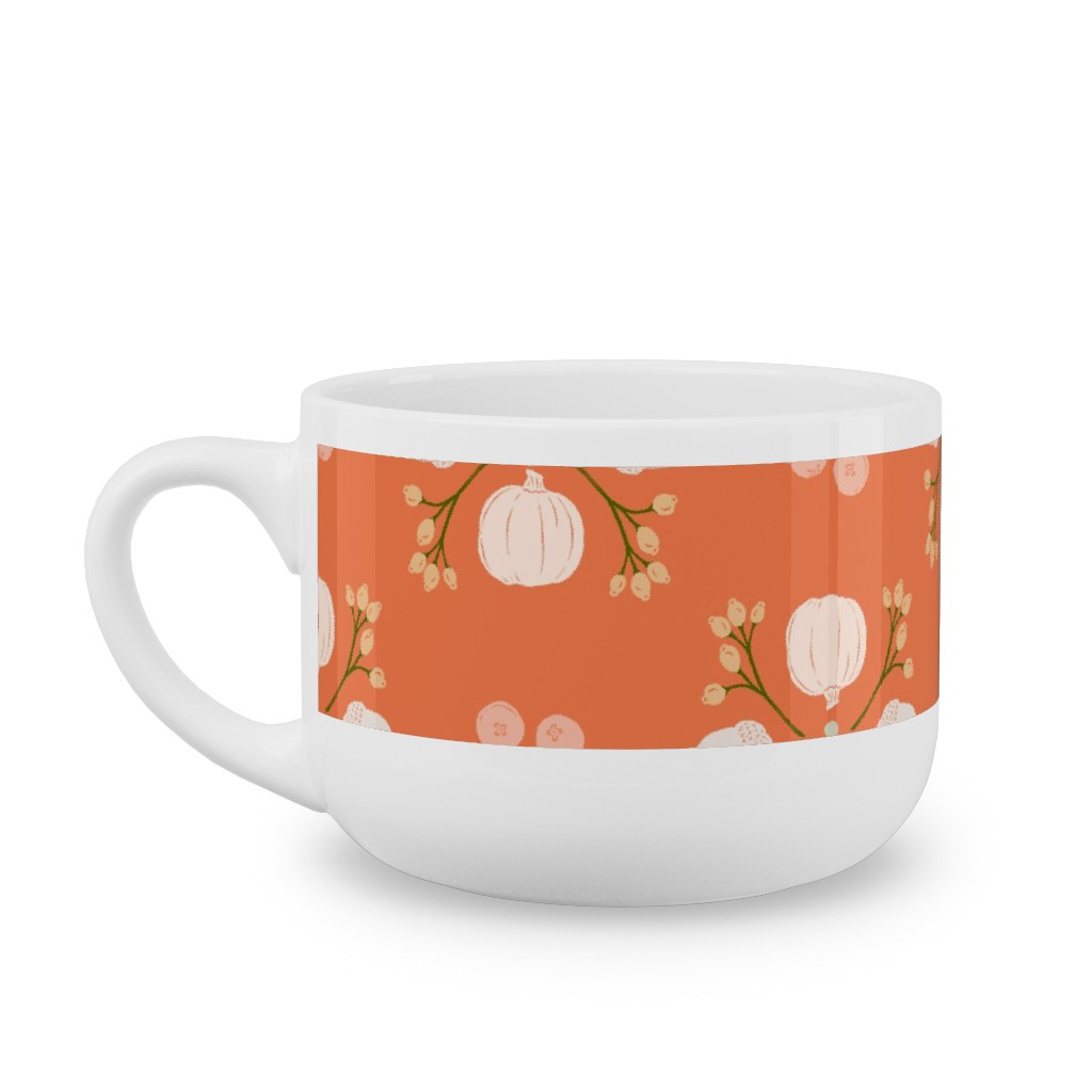 Bright Orange Acorn, Cranberry, & Pumpkin Fall Foliage Damask Latte Mug, White,  , 25oz, Orange