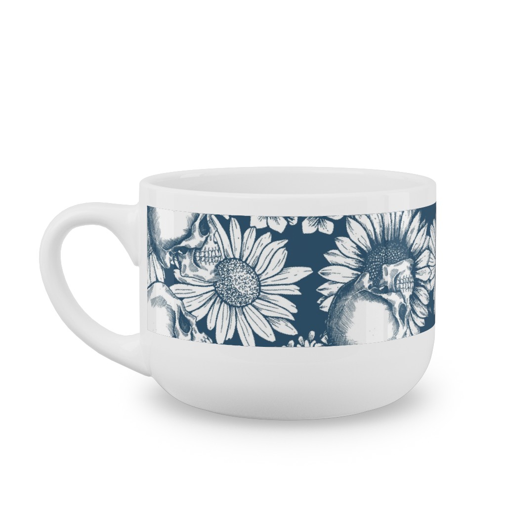 Floral Skull - Blue Latte Mug, White,  , 25oz, Blue