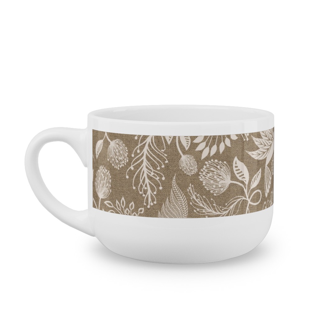 Papercutting Floral and Hummingbirds - Neutral Latte Mug, White, , 25oz, Beige, Pearl