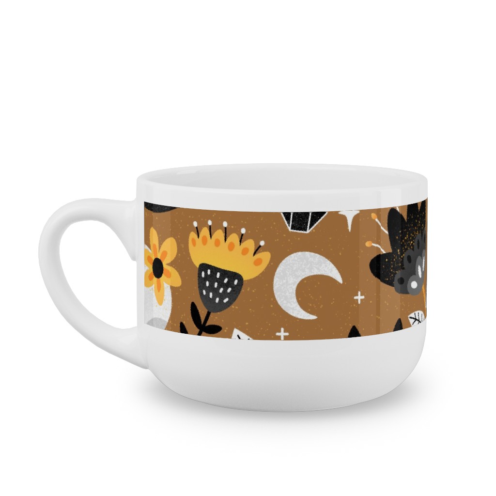 Black Cat & Floral Skull Latte Mug, White,  , 25oz, Brown