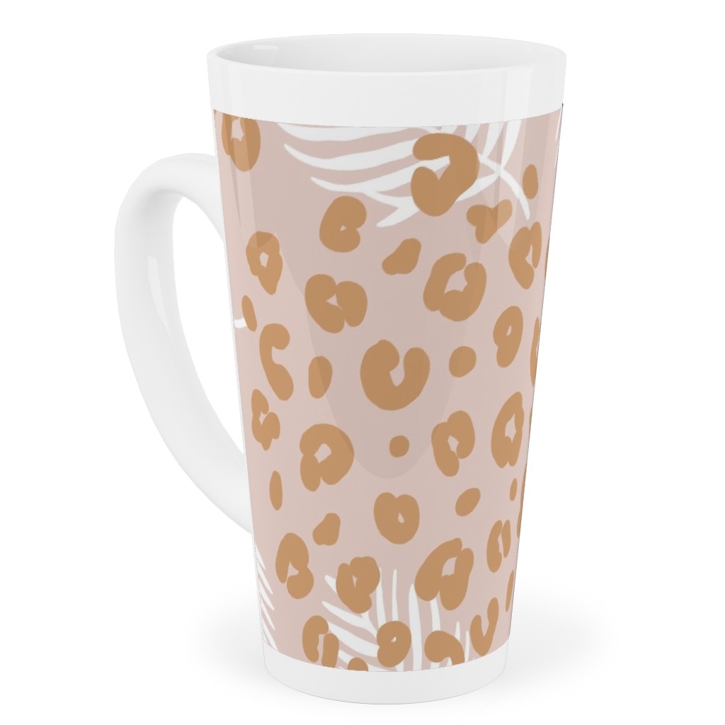 Palm Leaves and Animal Panther Spots - Beige Tall Latte Mug, 17oz, Pink, Bright Pink