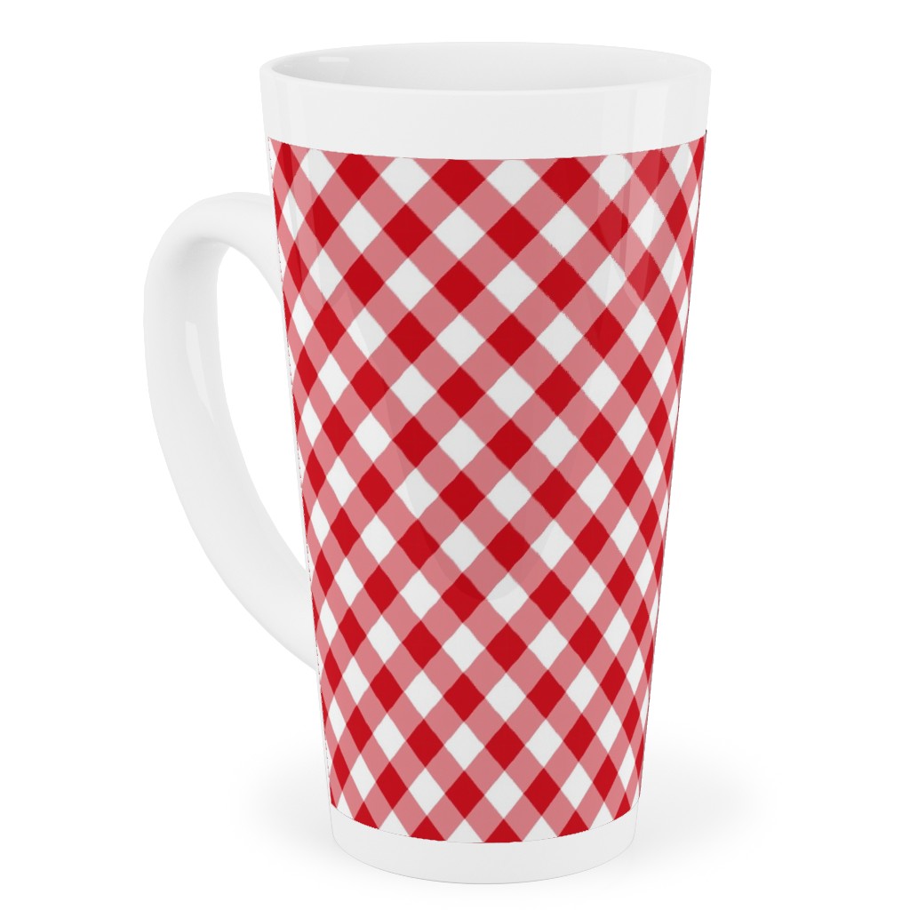 Diagonal Gingham - Red and White Tall Latte Mug, 17oz, Red