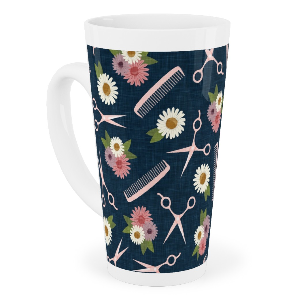 Floral Shears and Combs - Pink & Blue Tall Latte Mug, 17oz, Pink, Bright Pink