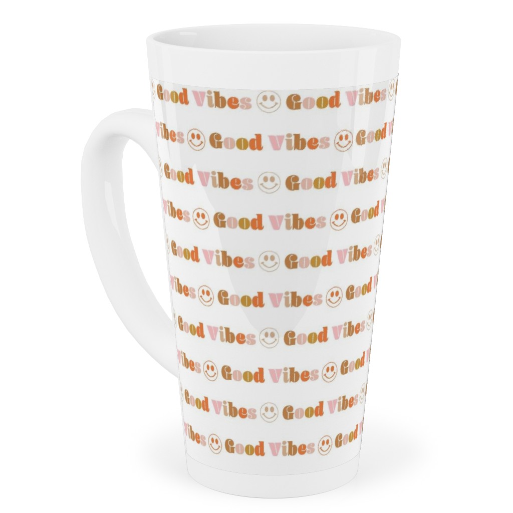 Good Vibes - Retro 70s Smiley Face - Earthy Tall Latte Mug, 17oz, Orange