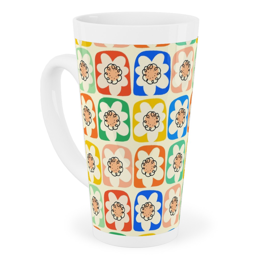 Abstract Retro Flower Doodle Squares - Multi Tall Latte Mug, 17oz, Multicolor