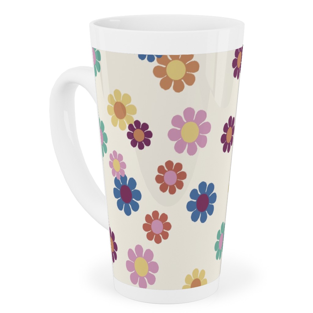 Rainbow Groovy Flowers Tall Latte Mug, 17oz, Multicolor, Antique White