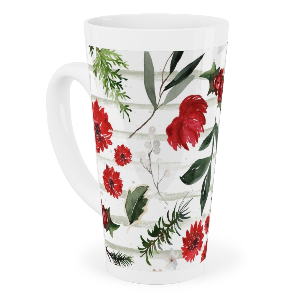 Jolly Christmas Florals - Mint Sage Stripes Tall Latte Mug, 17oz, Multicolor