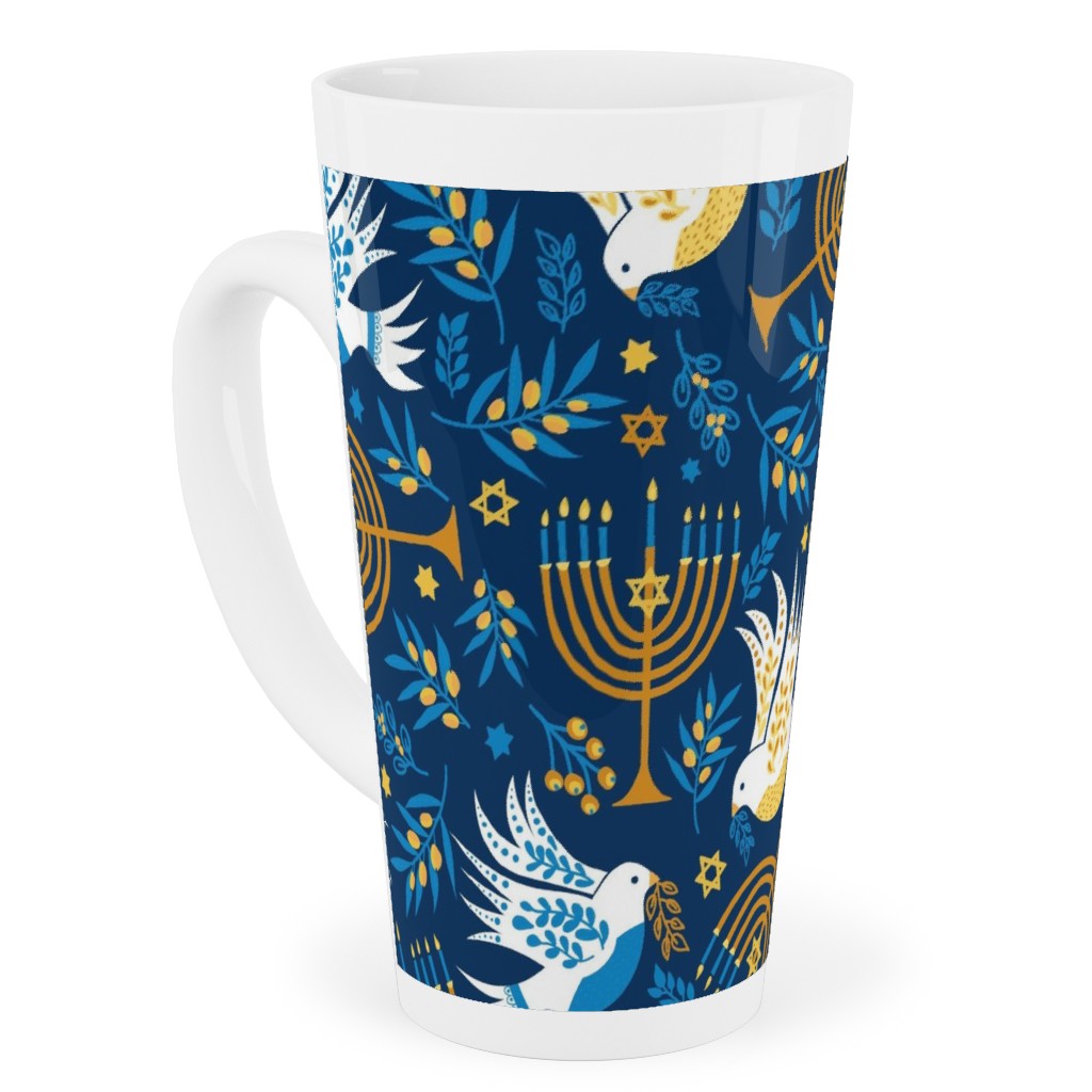 Hanukkah Birds and Menorahs - Dark Blue Tall Latte Mug, 17oz, Blue