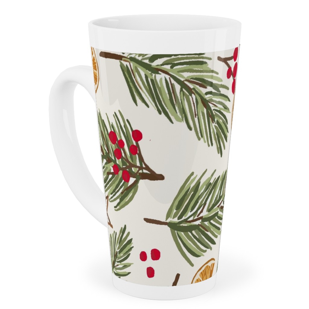 Festive Christmas Pine Sprigs and Orange Slices Tall Latte Mug, 17oz, Multicolor