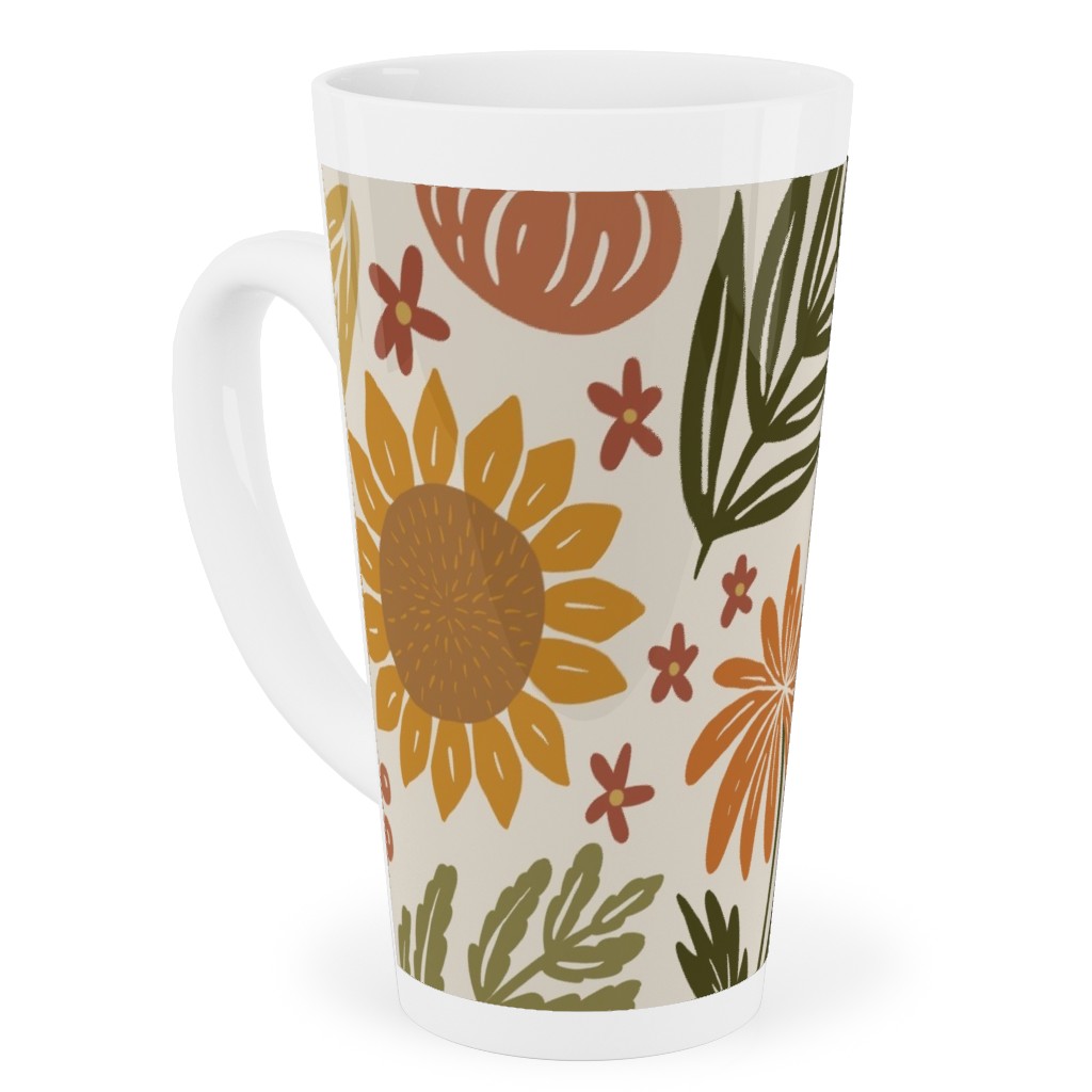 Autumn Botanicals - Leaves, Acorns, Sunflowers, Ferns, Mums, Pinecones, Mushrooms - Light Tall Latte Mug, 17oz, Multicolor