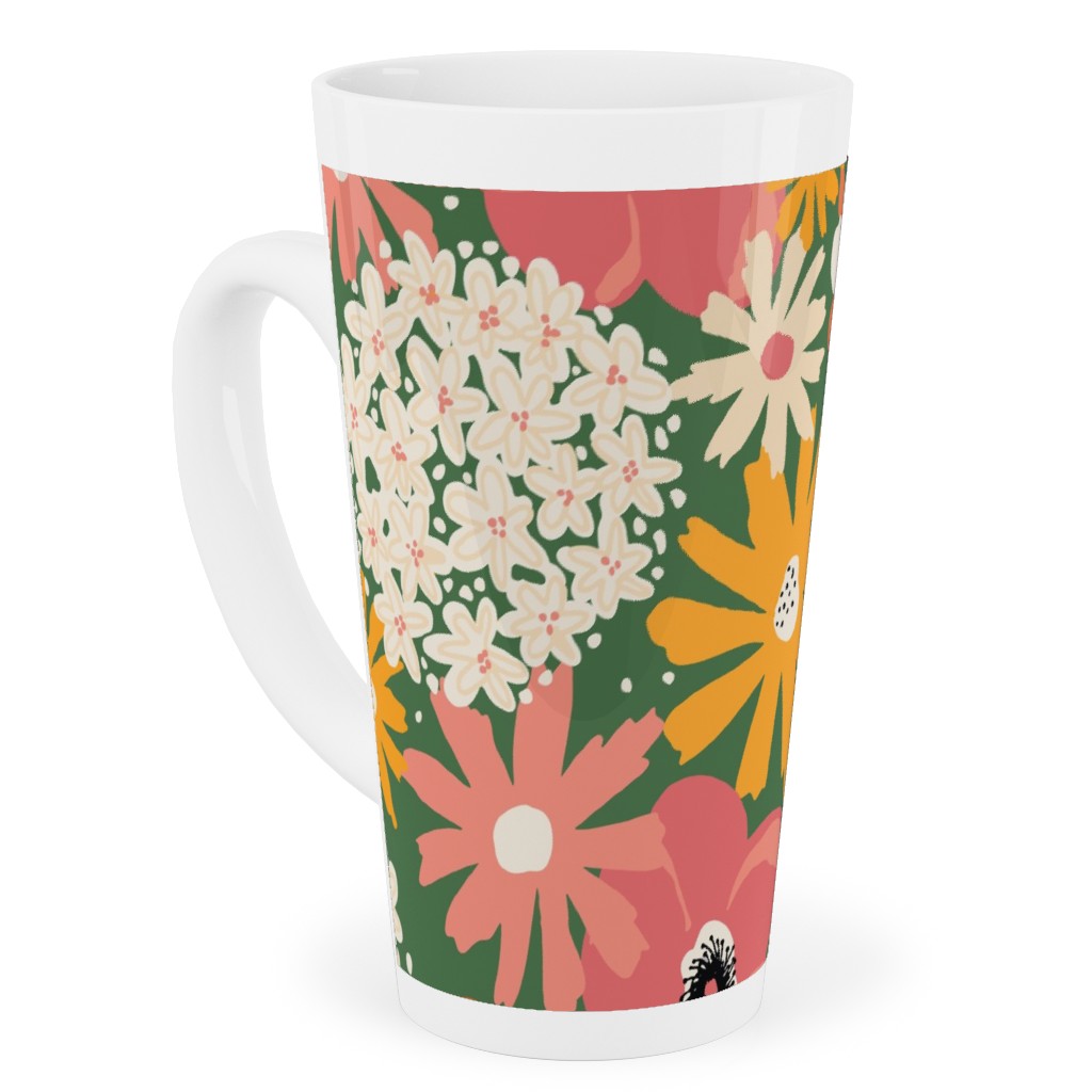 Summer Florals - Green Pink White and Orange Tall Latte Mug, 17oz, Multicolor