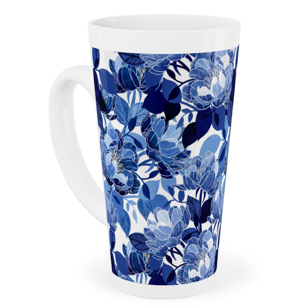 Chintz Peonies - Blue Tall Latte Mug, 17oz, Blue, True Blue