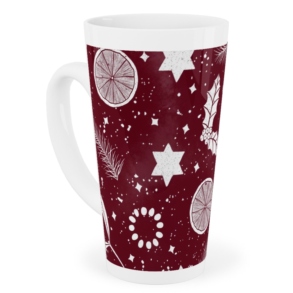 Festive Christmas Print Stars, Mistletoe, Orange, Holly and Pine Branch on Burgundy Tall Latte Mug, 17oz, Red