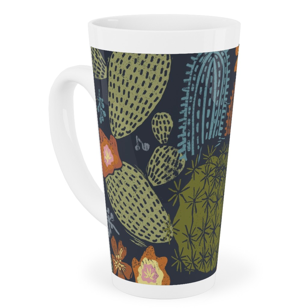 Cactus Garden - Block Print Style - Dark Tall Latte Mug, 17oz, Green
