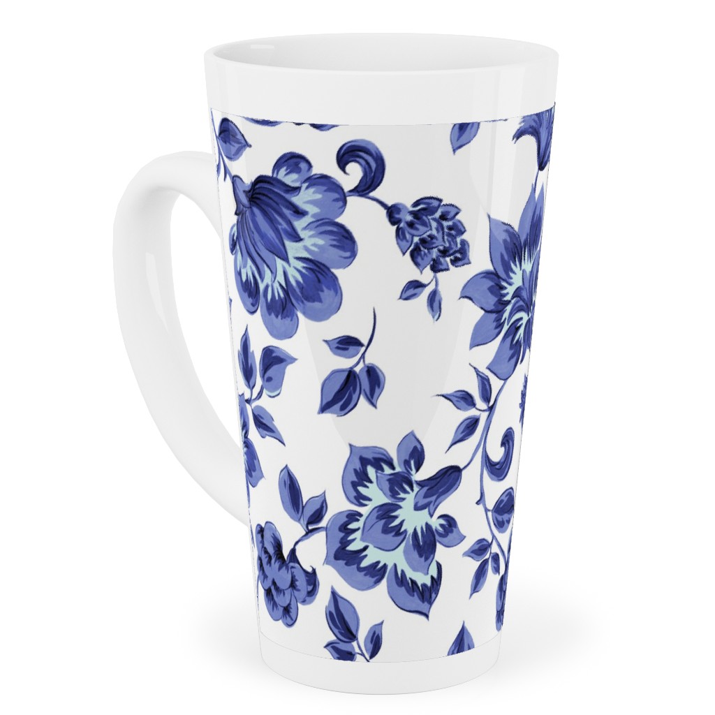 Fleurs De Provence - Blue and White Tall Latte Mug, 17oz, Blue, True Blue