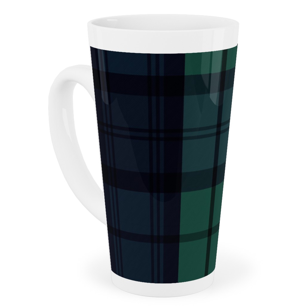 Dark Green Plaid Tall Latte Mug, 17oz, Green, Classic Green
