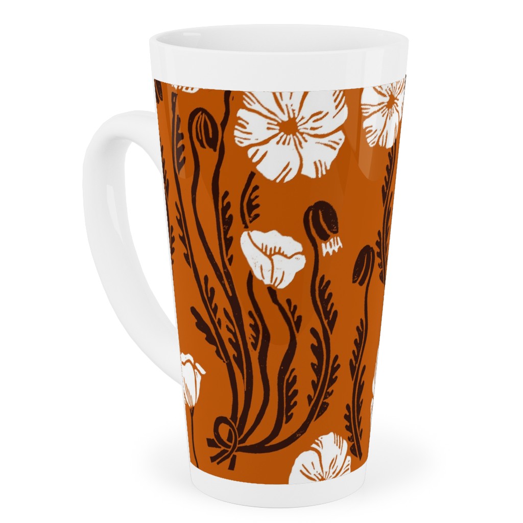 Poppy, Fall Harvest Block Printed Vintage Florals Tall Latte Mug, 17oz, Orange, Orange