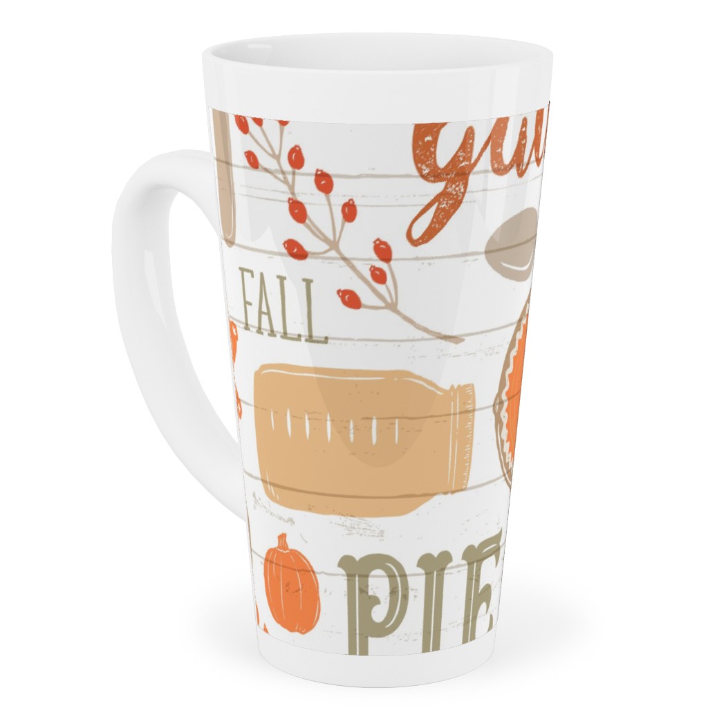 Gather Round & Give Thanks - a Fall Festival of Food, Fun, Family, Friends, and Pie! Tall Latte Mug, 17oz, Orange