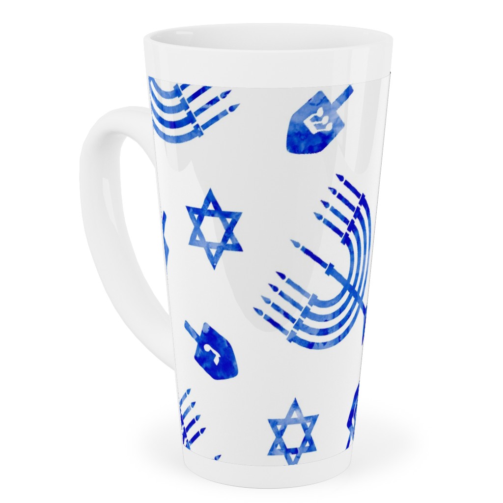 Watercolor Hanukkah Menorah, Dreidel, Star of David - Blue Tall Latte Mug, 17oz, Blue, True Blue