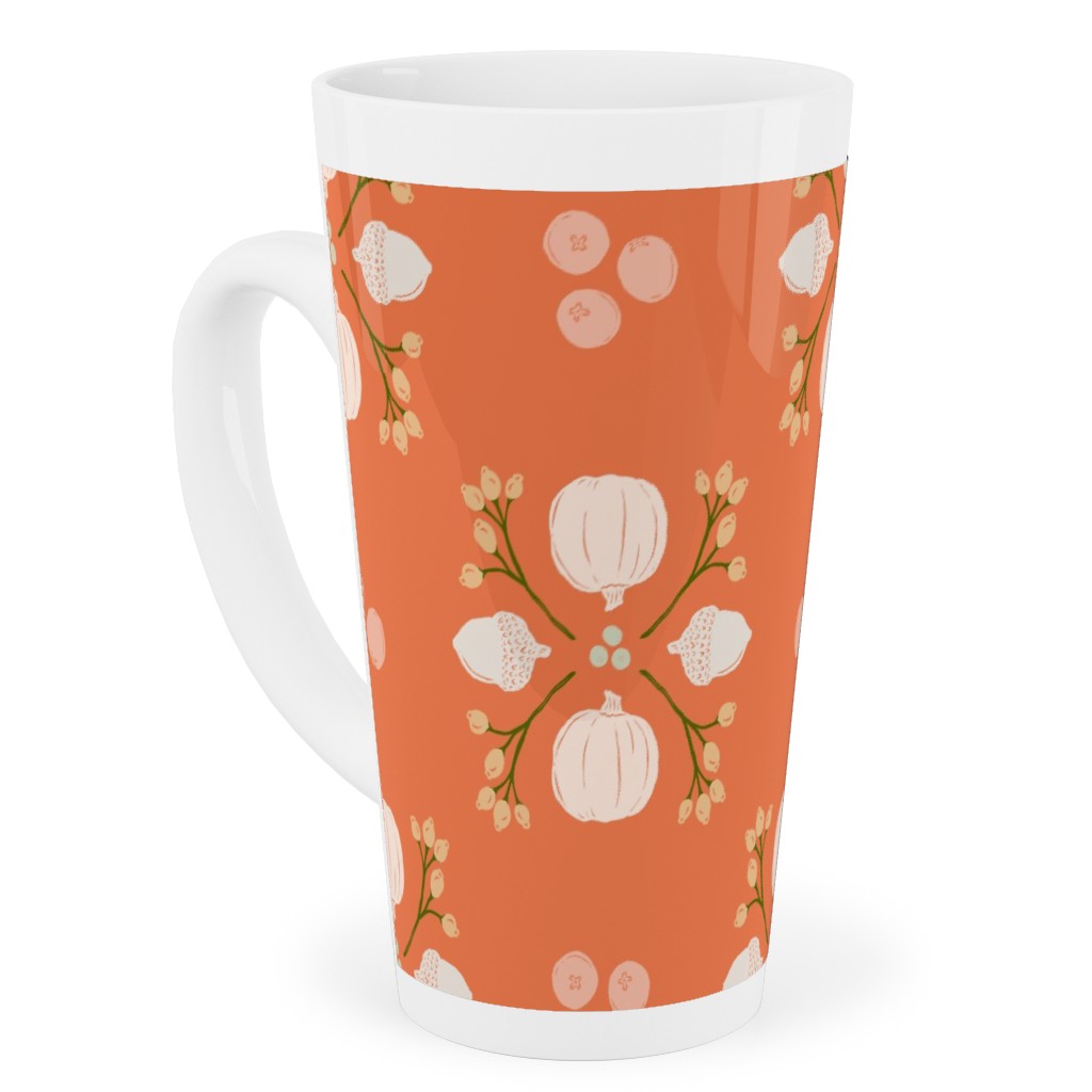 Bright Orange Acorn, Cranberry, & Pumpkin Fall Foliage Damask Tall Latte Mug, 17oz, Orange