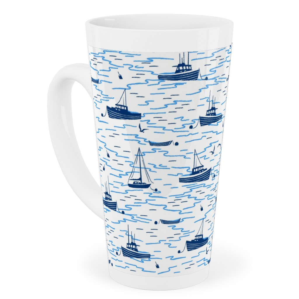 Harbor Boats - White Tall Latte Mug, 17oz, Blue