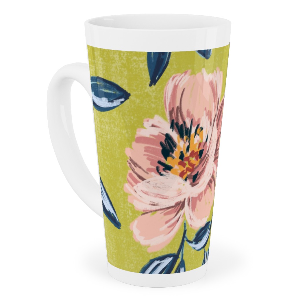Pink Peonies Tall Latte Mug, 17oz, Green, Classic Green