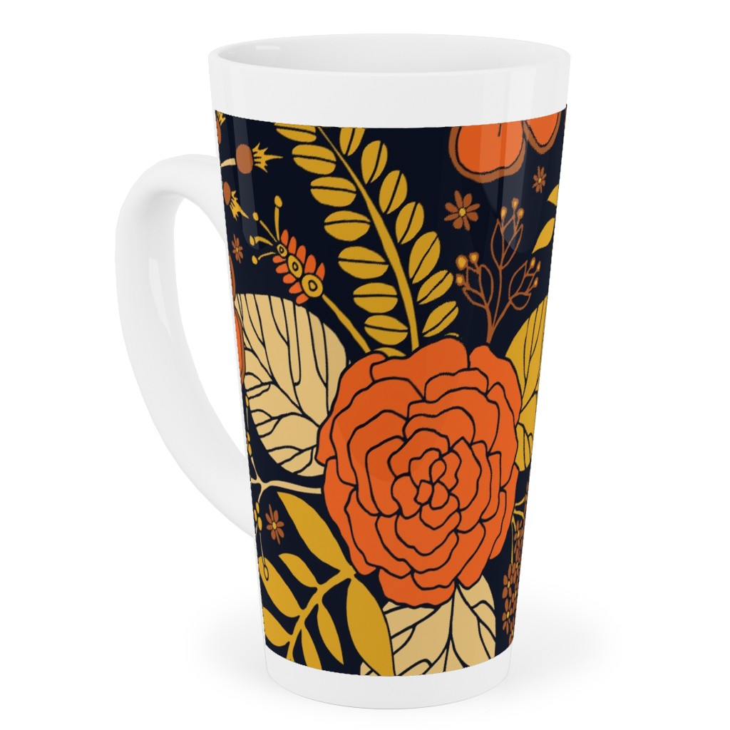 Retro Floral - Orange Brown and Yellow Tall Latte Mug, 17oz, Orange