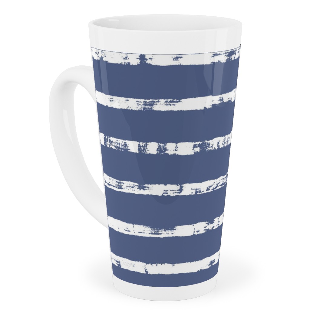 Distressed Dusty Blue and White Stripes Tall Latte Mug, 17oz, Blue