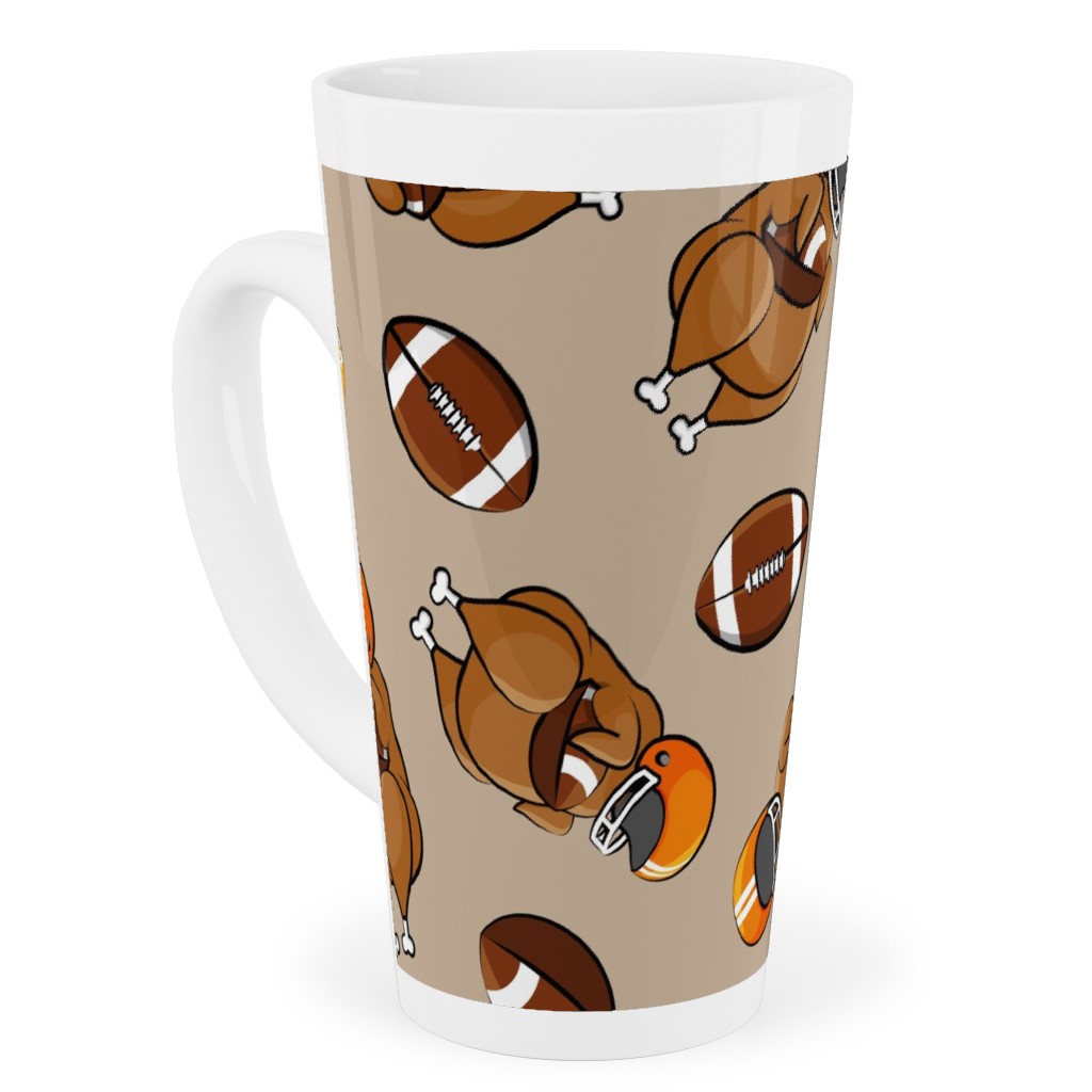 Football Turkey With Helmet and Football - Orange on Tan Tall Latte Mug, 17oz, Beige