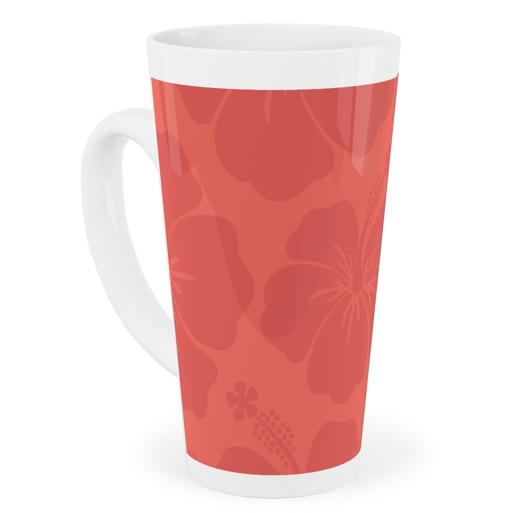 Hibiscus Florals - Coral and Red Tall Latte Mug, 17oz, Pink, Bright Pink