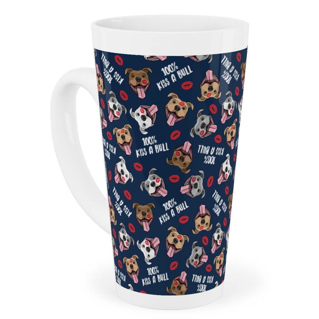100% Kiss a Bull - Cute Pit Bull Dog - Red and Blue Tall Latte Mug, 17oz, Blue, True Blue
