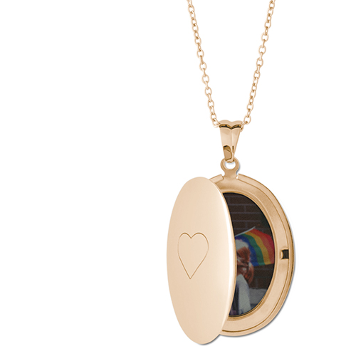 Heart Frame Locket Necklace, Gold, Oval, Engraved Front, Gray