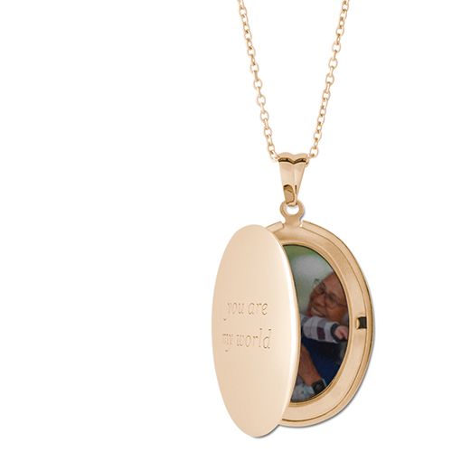 My World Locket Necklace, Gold, Oval, Engraved Front, Gray